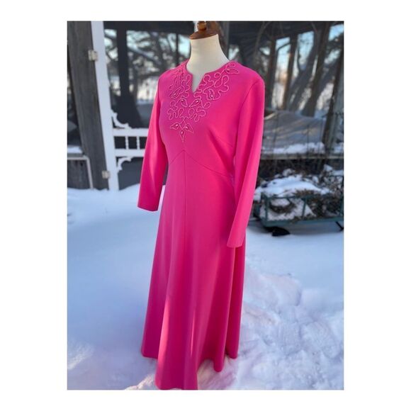 True Vintage Hot Pink Maxi Dress Long Sleeve Soutache Neckline Detail Fitted - Picture 6 of 10